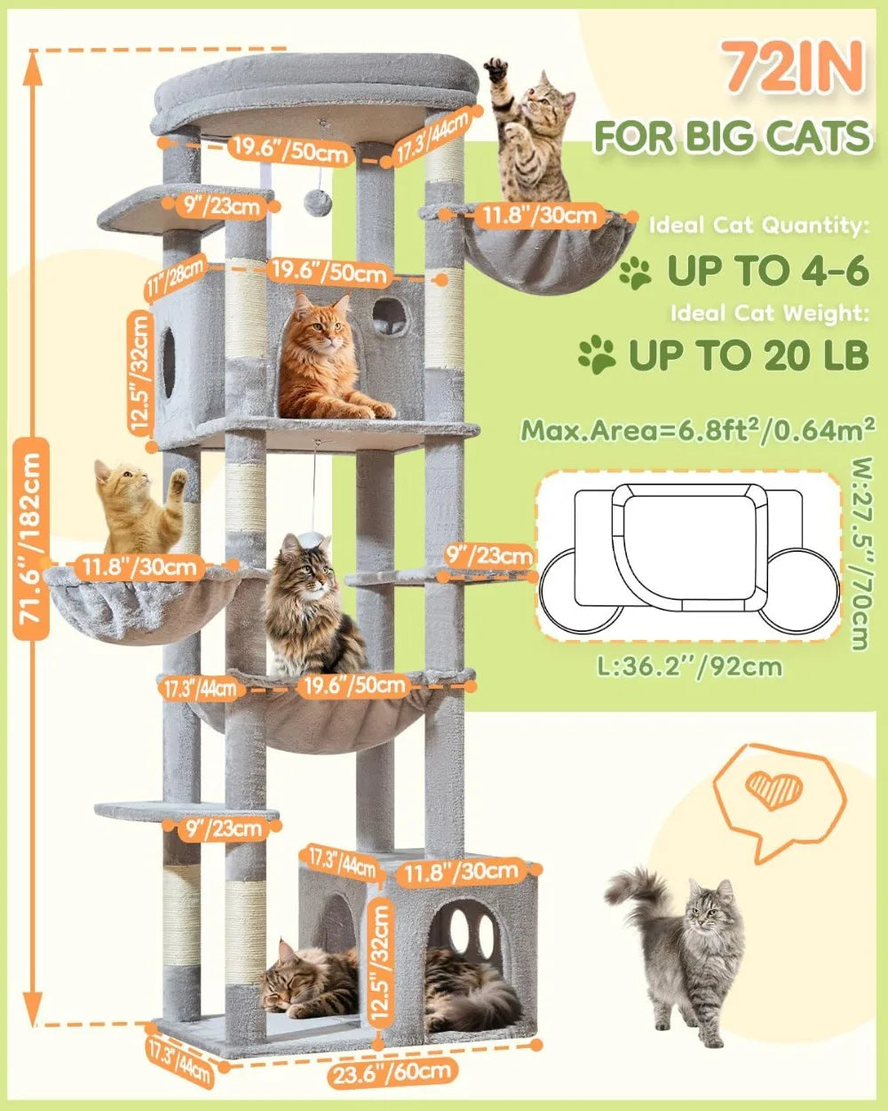 72-Inch XXL Cat Tower for Large Cats 25Lbs+, Extra-Large Platform, 2 Cat Houses, 7 Scratching Posts, Hammock & Basket, Light Gray