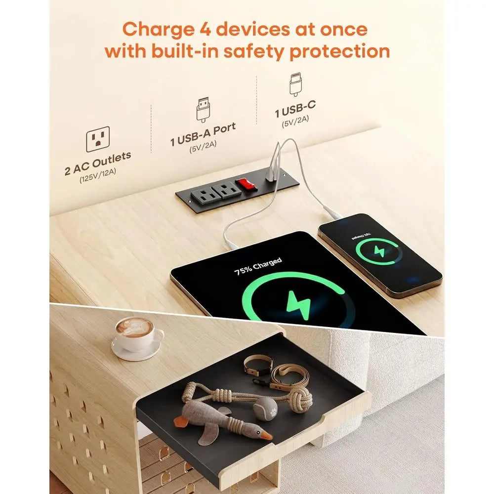 Medium Dog Crate Furniture with Charging Station, Indoor Oak Wood Kennel for Small to Medium Breeds up to 50lb