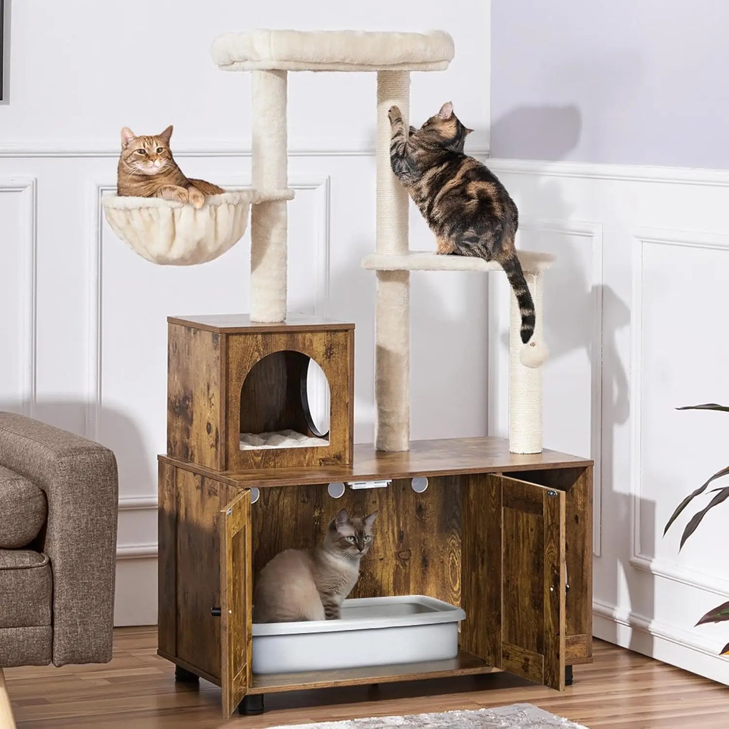 All-in-One Cat Litter Box Enclosure with Cat Tree, Scratching Posts, Wooden Furniture, Rustic Brown/Beige