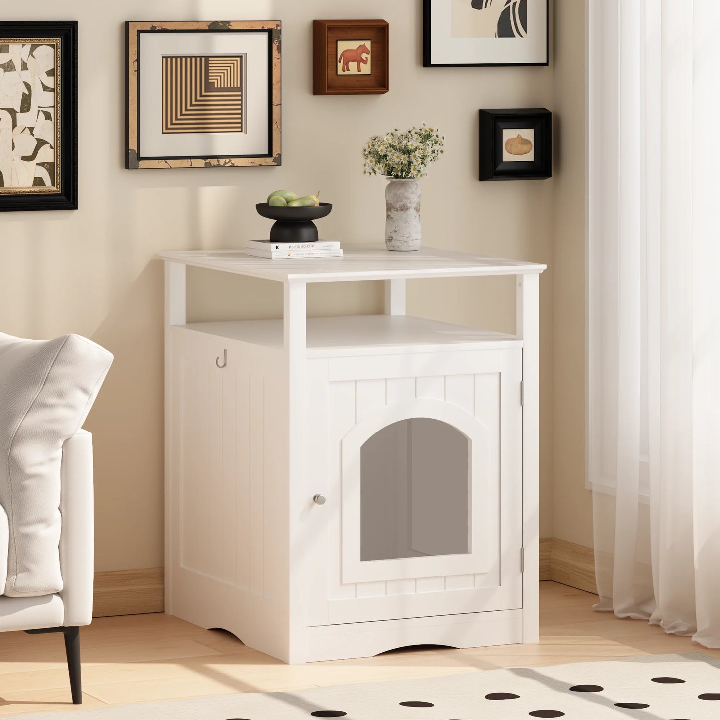 Hidden Cat Litter Box Enclosure Wooden Indoor Cat House Furniture Cabinet with Storage Shelf Modern Nightstand Side Table White