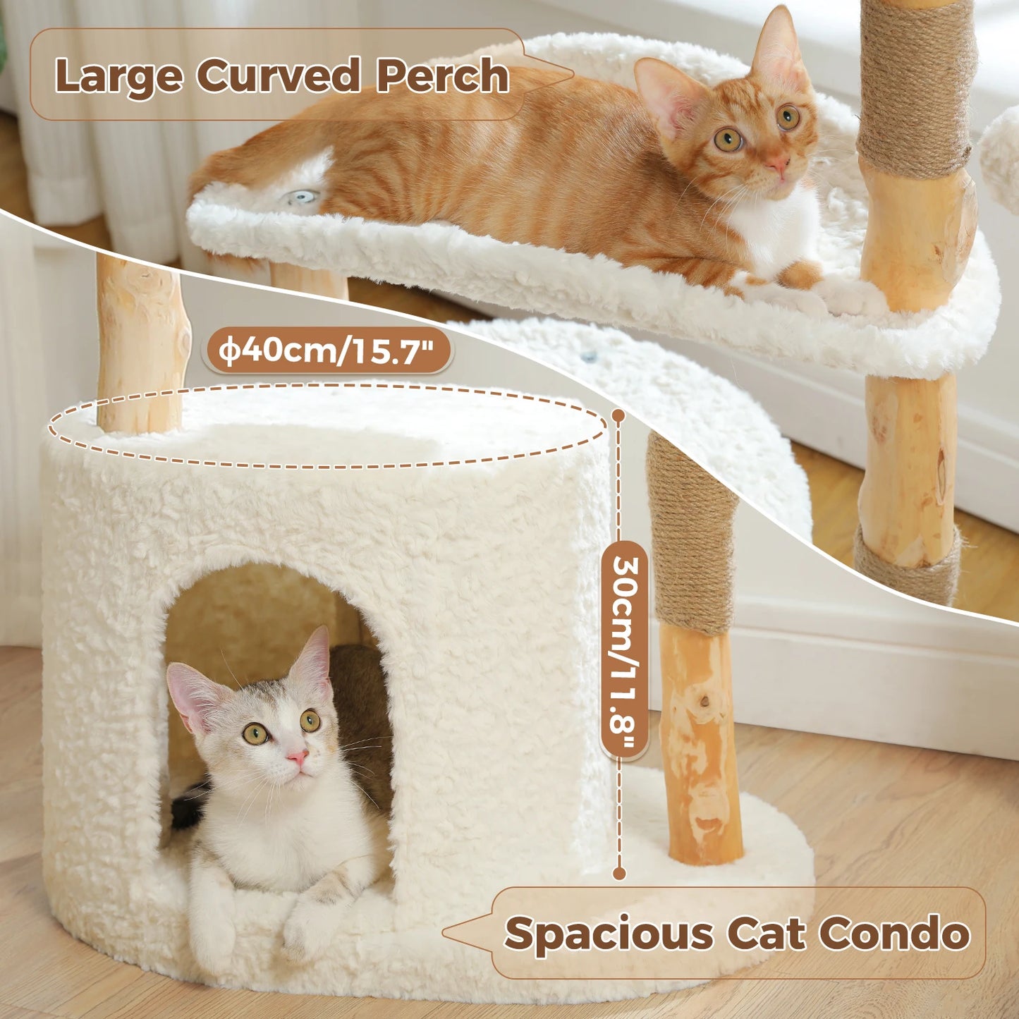 Modern Solid Wood Cat Tree with Wicker Basket & Condo