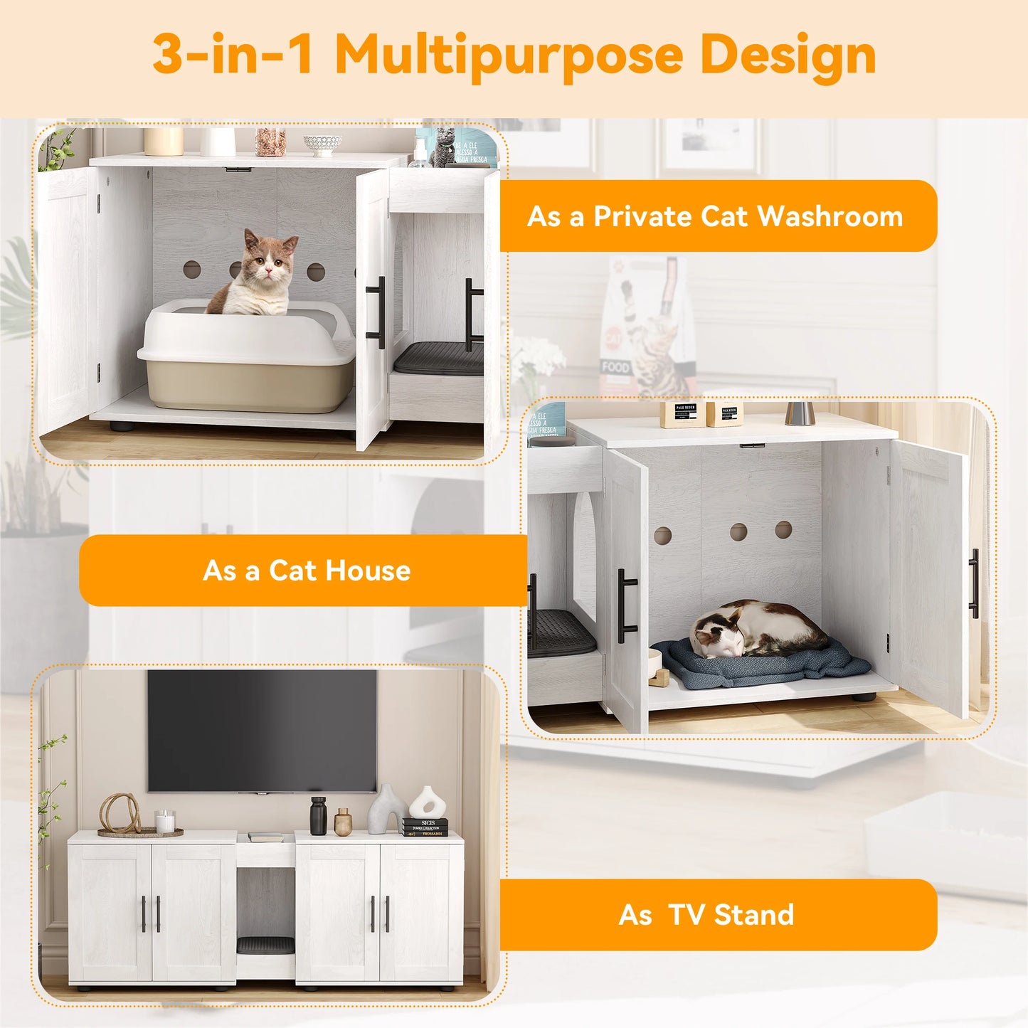 Cat Litter Box Enclosure for 2 Cats, 55" Hiddden Litter Box Enclosure Furniture 3-in-1 Wooden Litter Cabinet with Barn Door & Do