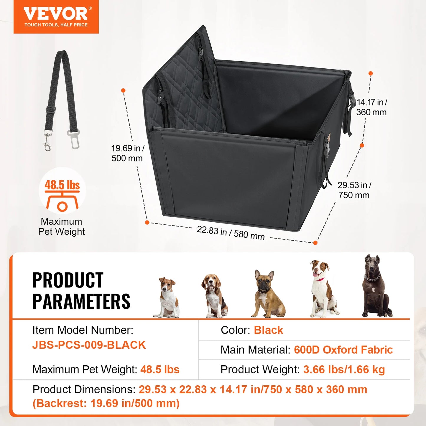 Waterproof Dog Car Booster Seat with Safety Leash