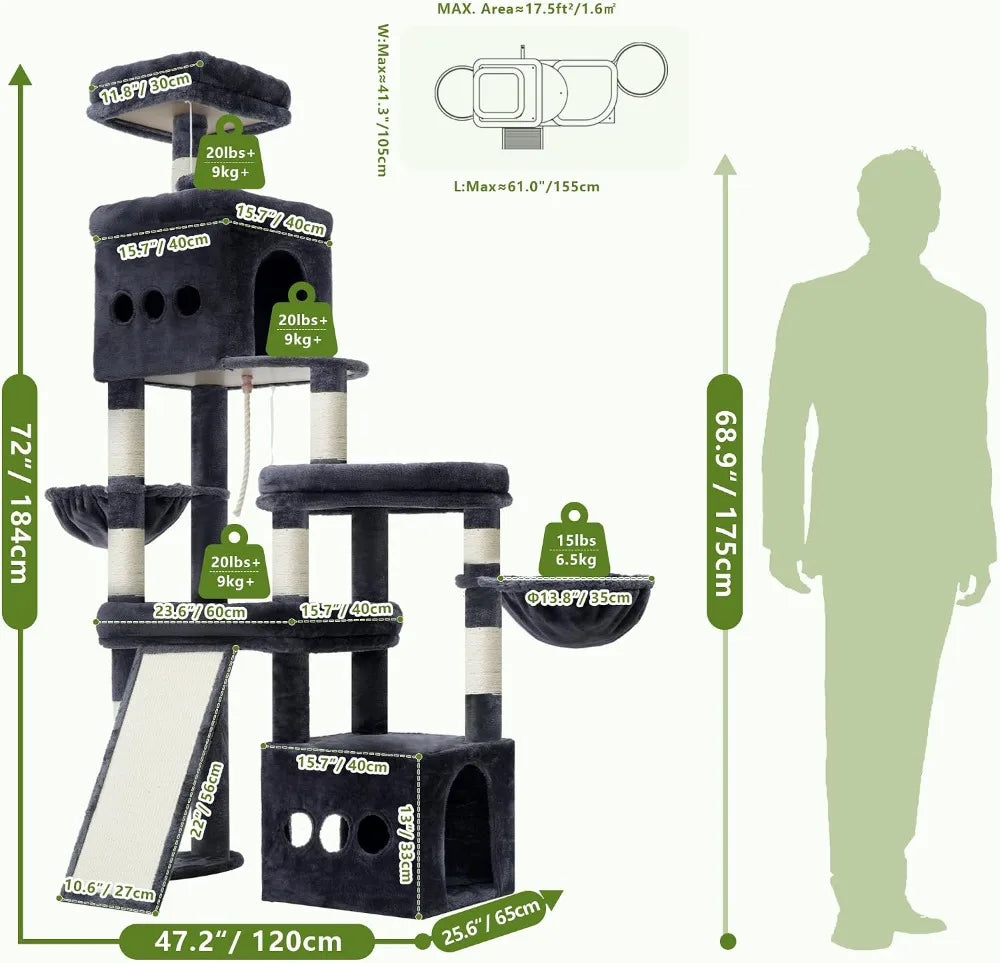 72.4" Anti-Tip Cat Tree for Large Cats, Spacious Perches, Sisal Scratching Board, Smoky Gray