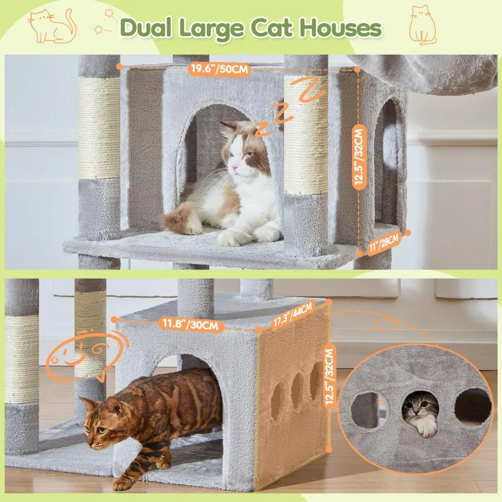 72-Inch XXL Cat Tower for Large Cats 25Lbs+, Extra-Large Platform, 2 Cat Houses, 7 Scratching Posts, Hammock & Basket, Light Gray
