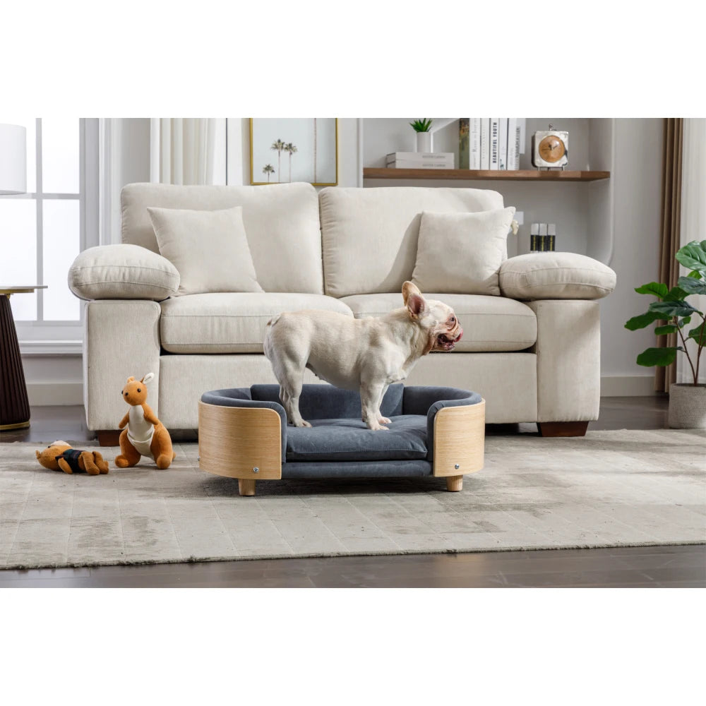 Scandinavian Style Elevated Dog Bed Pet Sofa with Solid Wood Legs, Bent Wood Back, Velvet Cushion, Mid-Size, Dark Grey