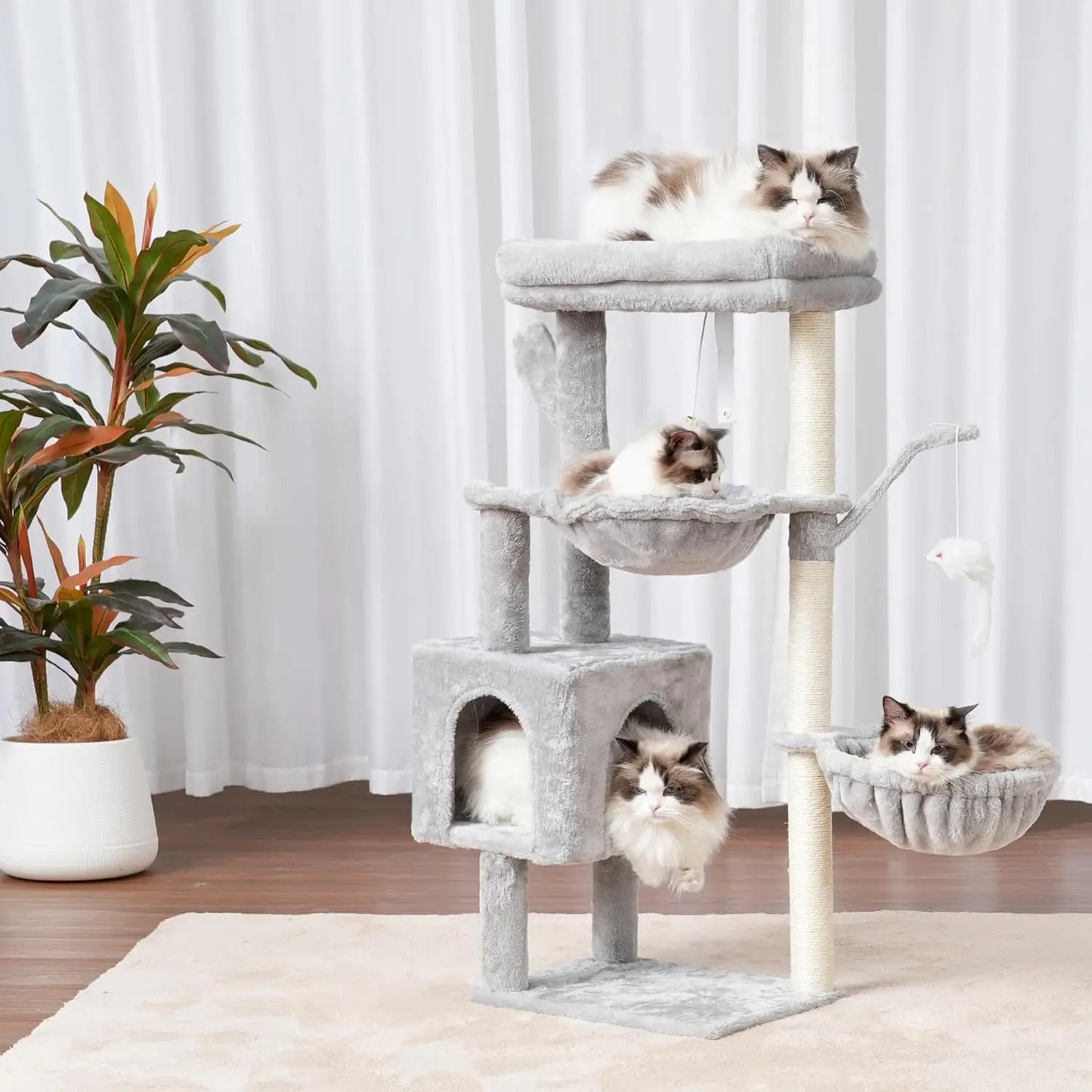 39.4" Cat Tree Tower with Scratching Post, Indoor Cat Condo, 2 Baskets & Dangling Toy, Light Gray