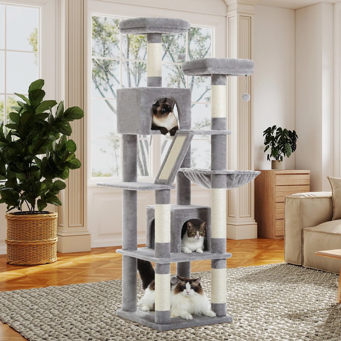 Multi-Level Cat Tree Tower with Condo, Hammock & Scratching Board - front view
