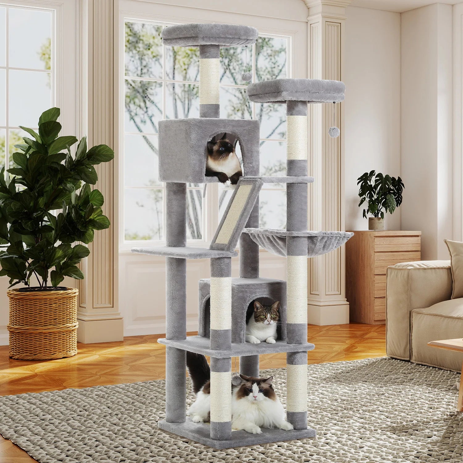 Multi-Level Cat Tree Tower with Condo, Hammock & Scratching Board - front view