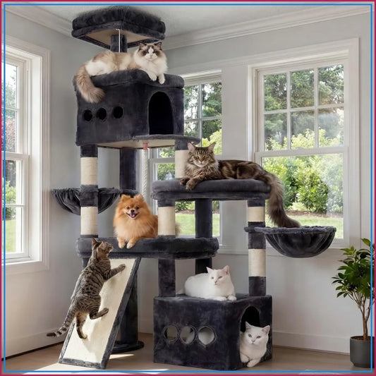 72.4" Anti-Tip Cat Tree for Large Cats, Spacious Perches, Sisal Scratching Board, Smoky Gray