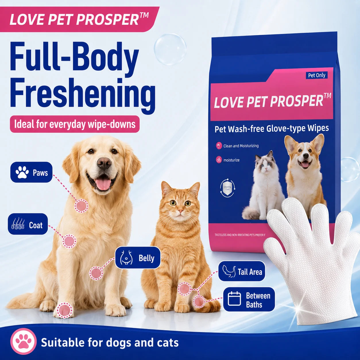 Pet Cleaning Glove Wipes for Dogs & Cats, No-Rinse Grooming Wipes Gloves, Disposable Textured Pet Bath Wipes for Paws, Coat, Dander & Odor Control, Soft Moisturizing Deodorizing Pet Wipes, 10 Count