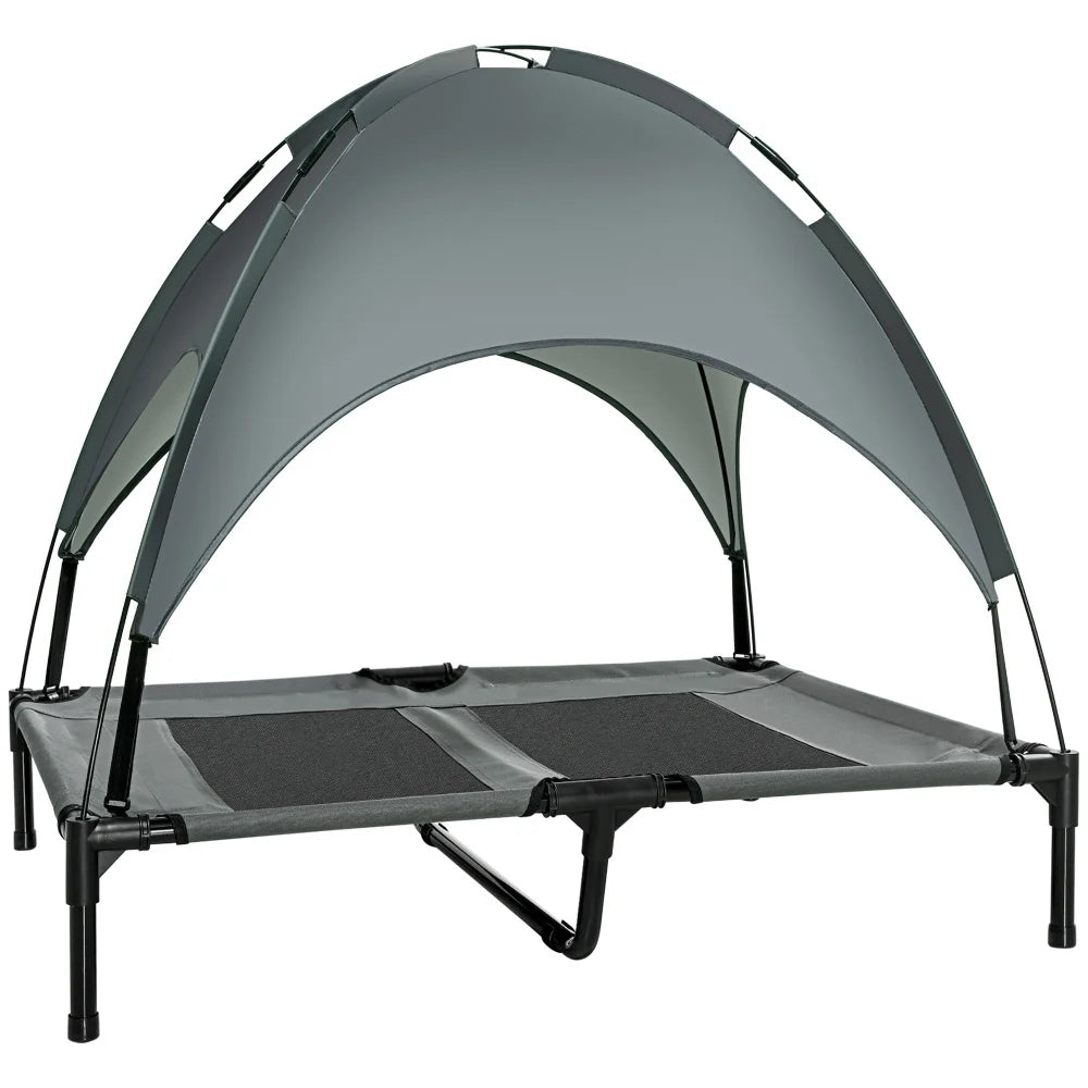PawHut 36-inch Gray Elevated Portable Dog Cot Pet Bed with UV Protection Canopy Shade