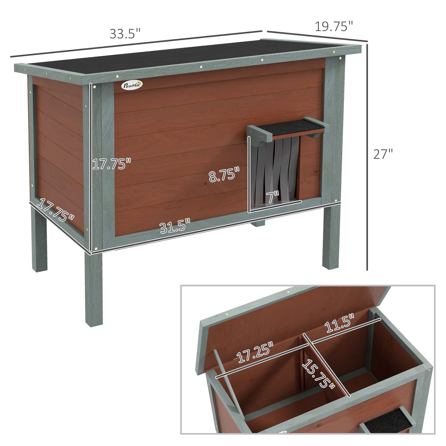 Outdoor Cat House, Wooden Feral Cat House w/ Removable Floor, Brown