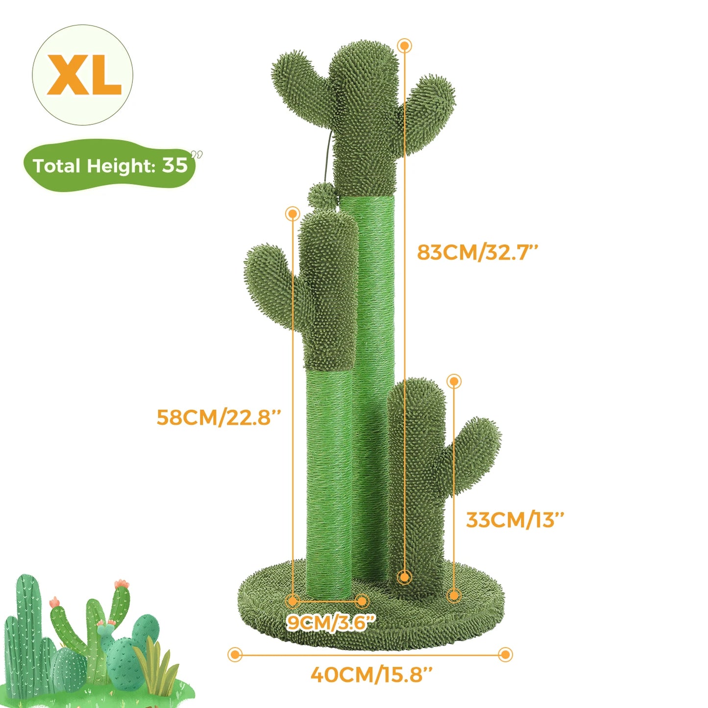Cactus Cat Scratching Post with 3 Sisal Poles & Dangling Ball