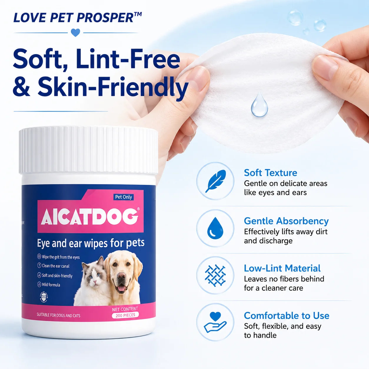 OVE PET PROSPER Pet Eye & Ear Wipes for Dogs and Cats, 200 Count, Alcohol-Free pH Balanced Grooming Wipes with Vitamin B5, Gentle Tear Stain, Eye Crust & Outer Ear Cleaner