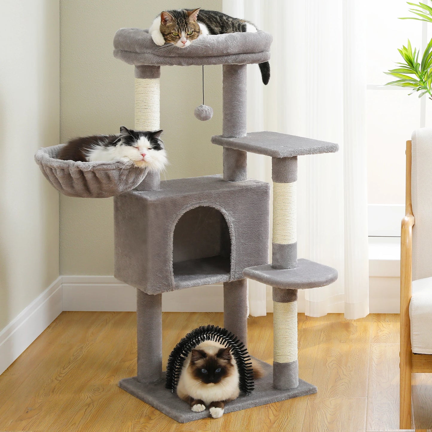Cat Tree Tower with Condo, Plush Perch, Hammock & Sisal Posts - front view