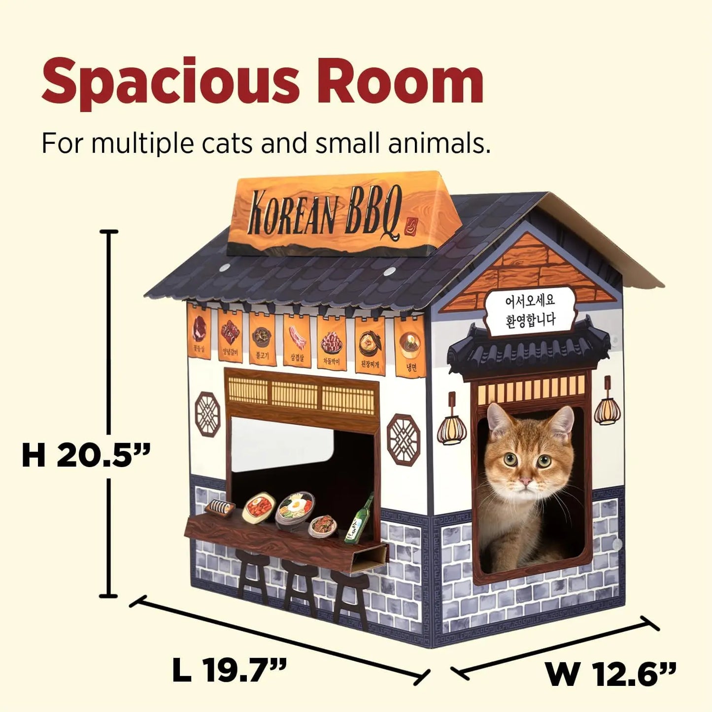 Cardboard Cat House with Scratcher, Large Cat Cave Bed for Indoor Cats, Easy Assembly, Korean BBQ Design, Pet Furniture