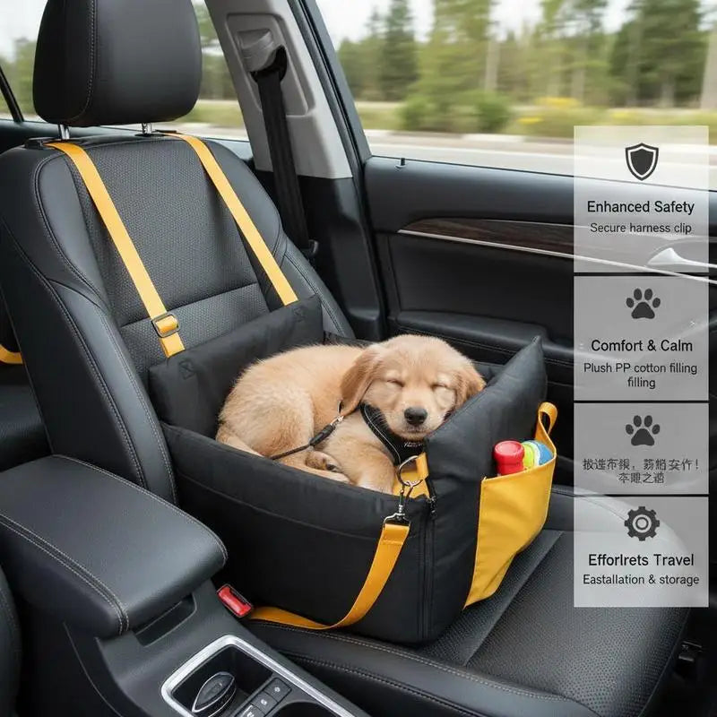 Dog car seat, dog booster seat with side handles and storage bag, attachable safety leash and PP cotton filling, dog car bed for small dogs up to 25 lbs, black