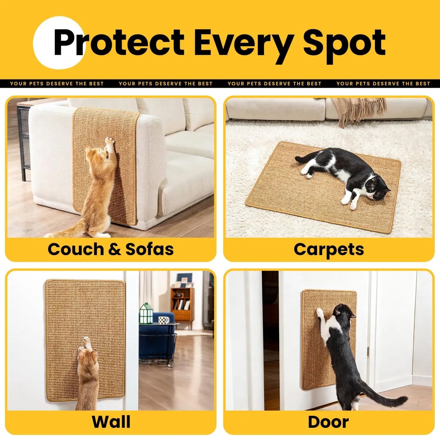 Sisal Cat Scratcher Mat, Wall Mounted Scratch Pad for Indoor Cats, Furniture Protector, Medium Brown