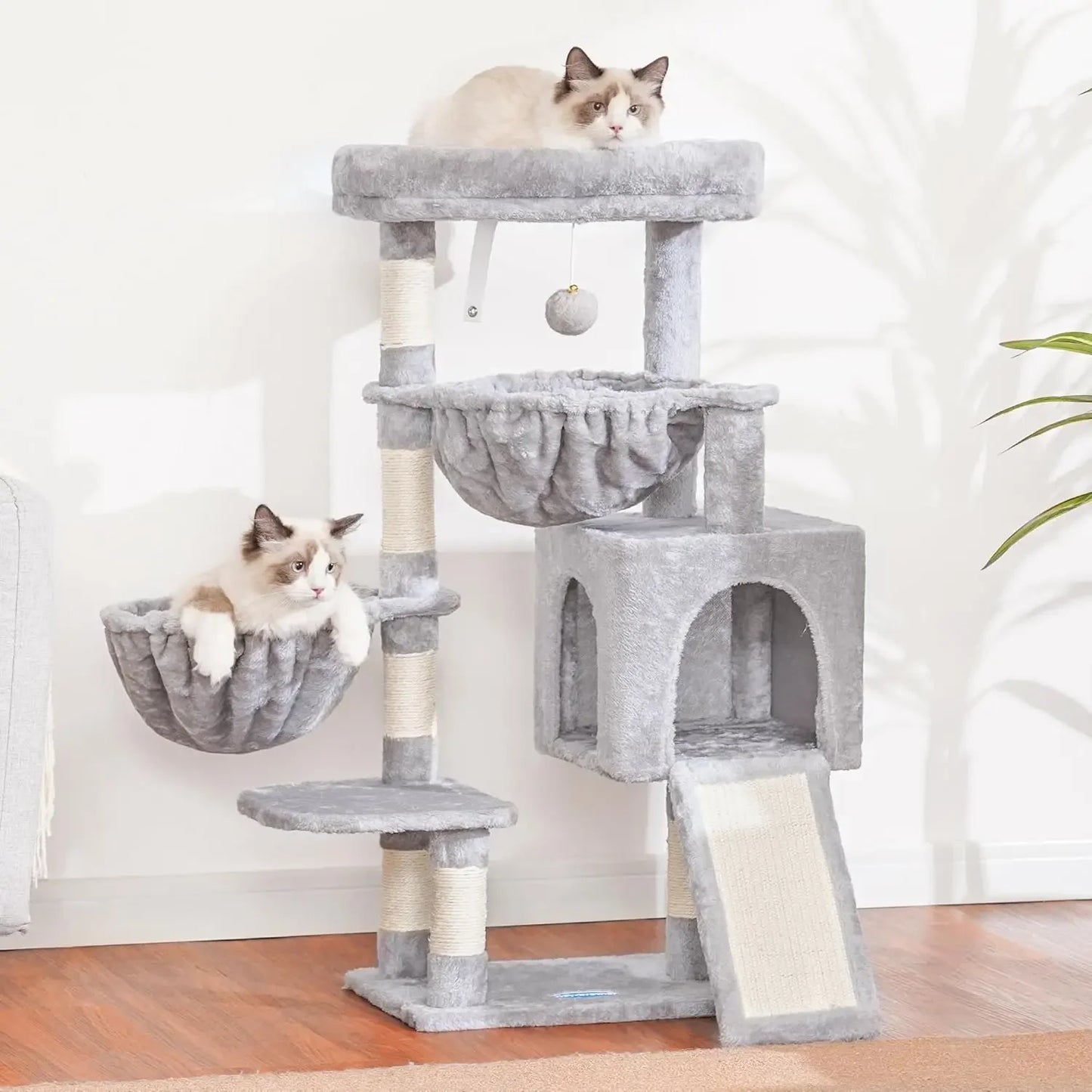 Cat Tree for Indoor Cats, Large Padded Bed, Hammocks, Sisal Scratching Posts, Light Gray