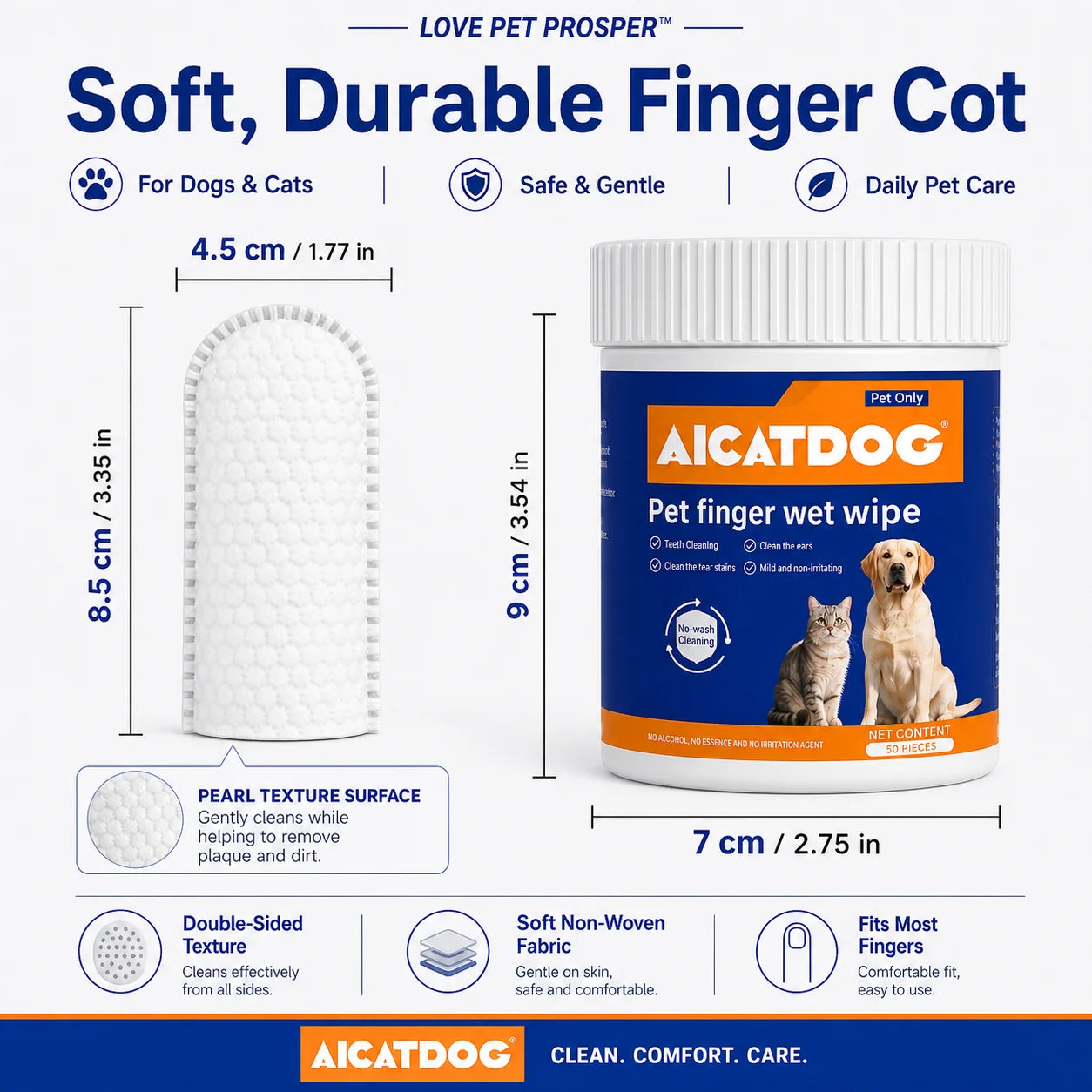 Pet Finger Wipes for Dogs & Cats, 50 Count Dog Dental Wipes & Cat Ear Wipes, Soft Finger Cot Pet Cleaning Wipes for Teeth, Ears & Tear Stains, Alcohol-Free Aloe Vera Grooming Wipes