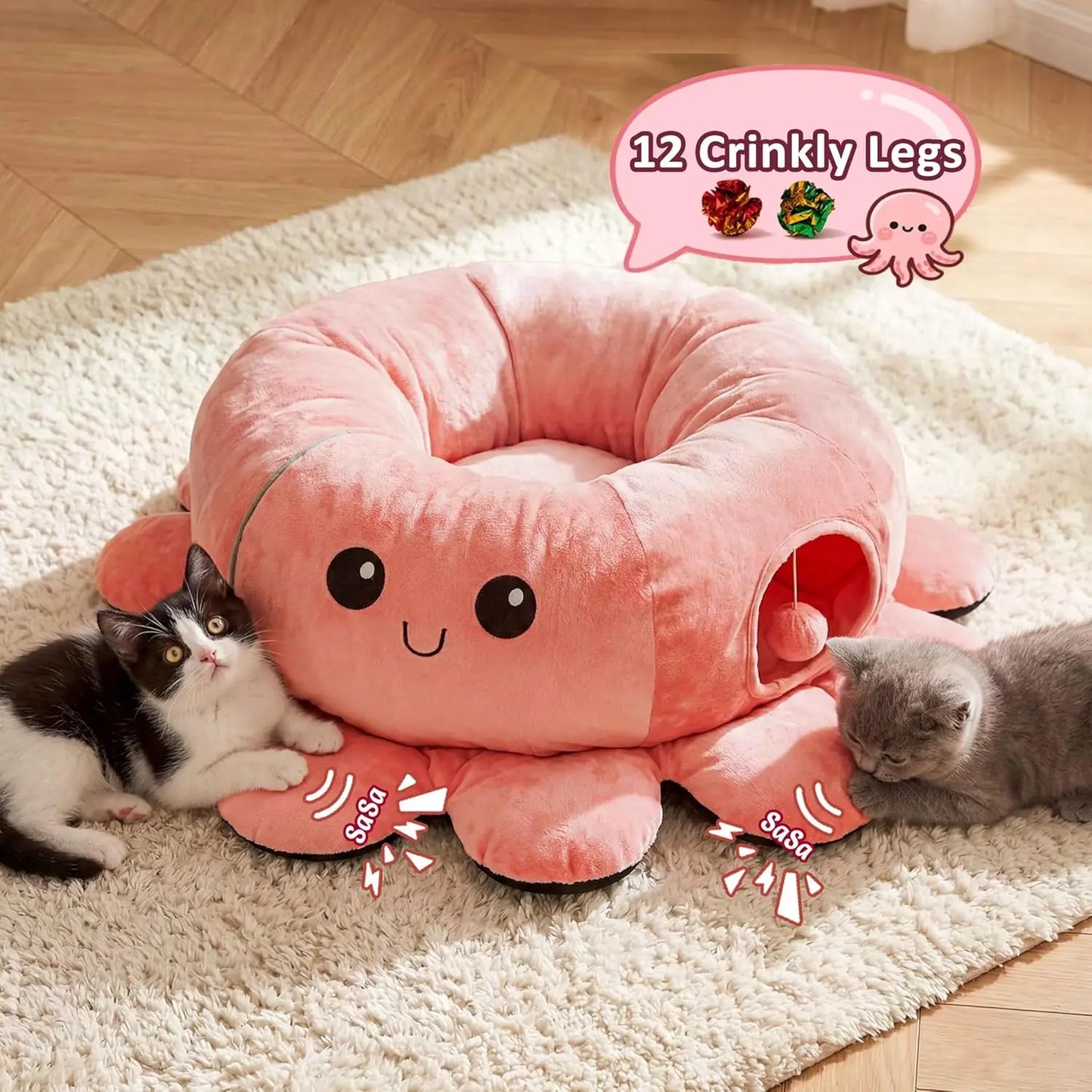 Octopus Cat Tunnel Bed with 20 Toys, Collapsible Play Tunnel for Indoor Cats, Kitten Toys
