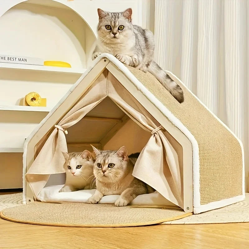 Cat House - Semi-Enclosed Shell Design With Scratching Pad, Sisal Tent For Small To Medium Cats, Perfect For Living Room, Bedroom, Or Study