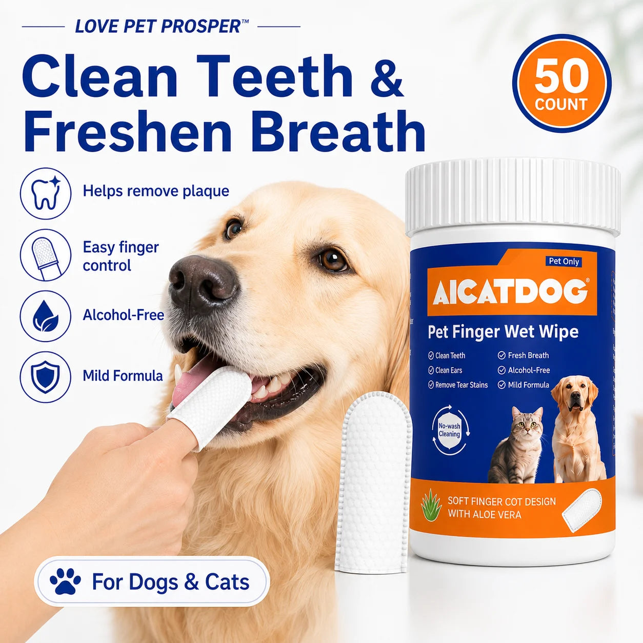 Pet Finger Wipes for Dogs & Cats, 50 Count Dog Dental Wipes & Cat Ear Wipes, Soft Finger Cot Pet Cleaning Wipes for Teeth, Ears & Tear Stains, Alcohol-Free Aloe Vera Grooming Wipes
