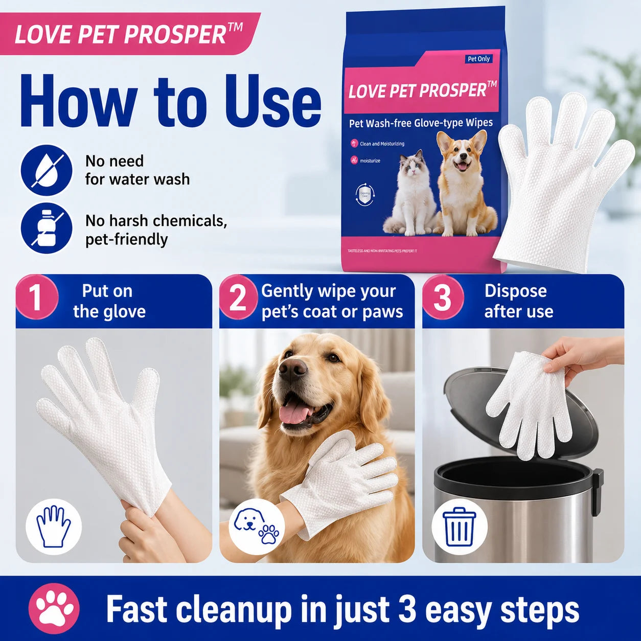 Pet Cleaning Glove Wipes for Dogs & Cats, No-Rinse Grooming Wipes Gloves, Disposable Textured Pet Bath Wipes for Paws, Coat, Dander & Odor Control, Soft Moisturizing Deodorizing Pet Wipes, 10 Count