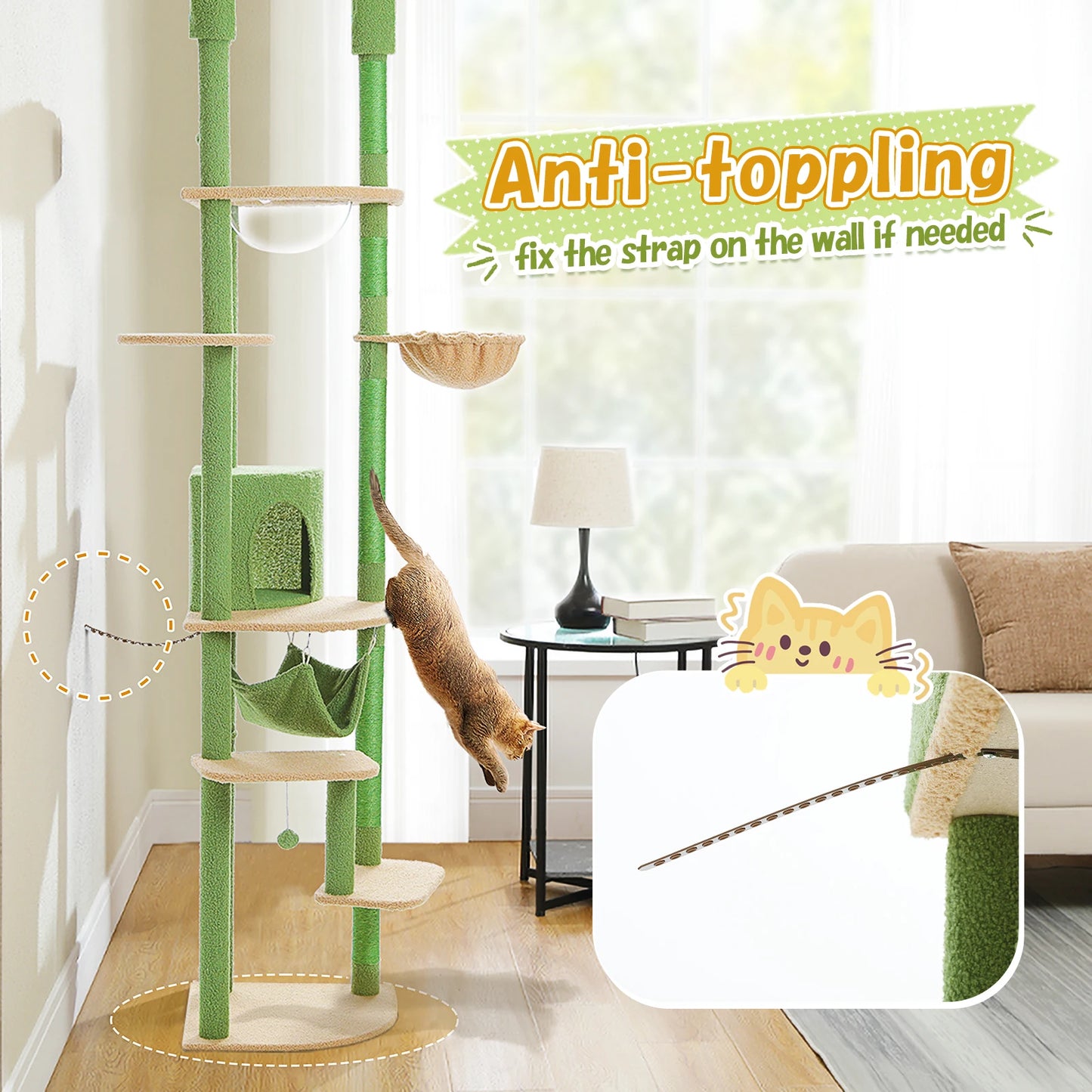 Tall Floor-to-Ceiling Cat Tree with Scratching Posts & Hammock