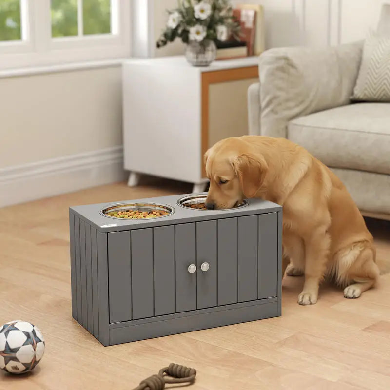 PawHut Elevated Dog Bowls with Storage Cabinet Containing Large 44L Capacity, Gray