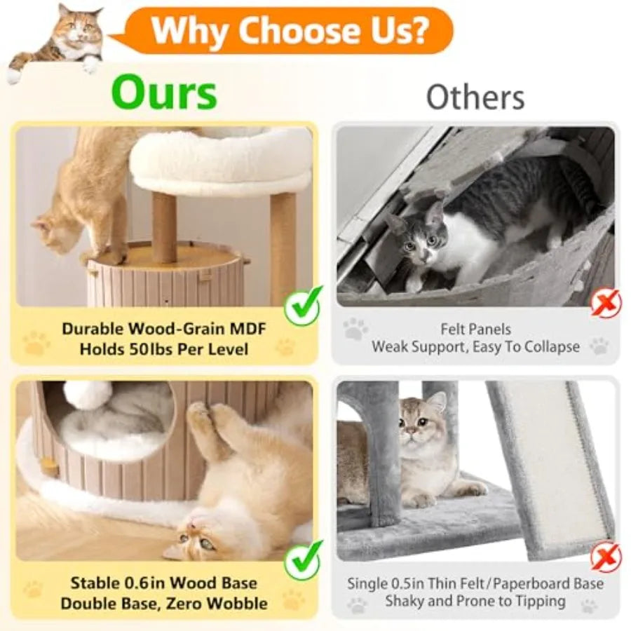 Modern Cat Tree for Indoor Cats Large Adult, 36in H Cat Tree Tower with Scratching Posts, Cozy Cat Bed Cave, Washable Cushions,