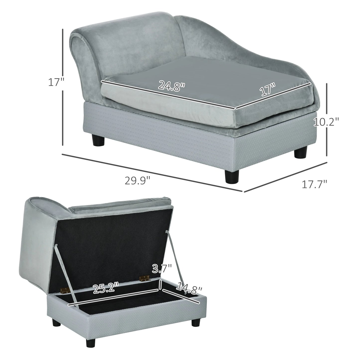 Luxury Dog Sofa Bed with Hidden Storage 2 Soft Foam Modern Pet Furniture for Puppies Pale Gray