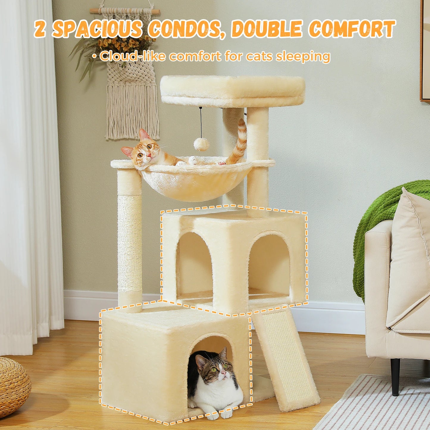 Cat Tree Tower with Natural Sisal Post, Condo & Top Perch - front view