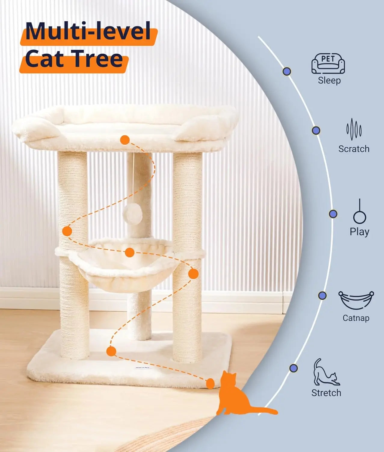 28" Cat Tree with Large Bed for Big Cats, Scratching Post & Hammock, Stable Design, Beige