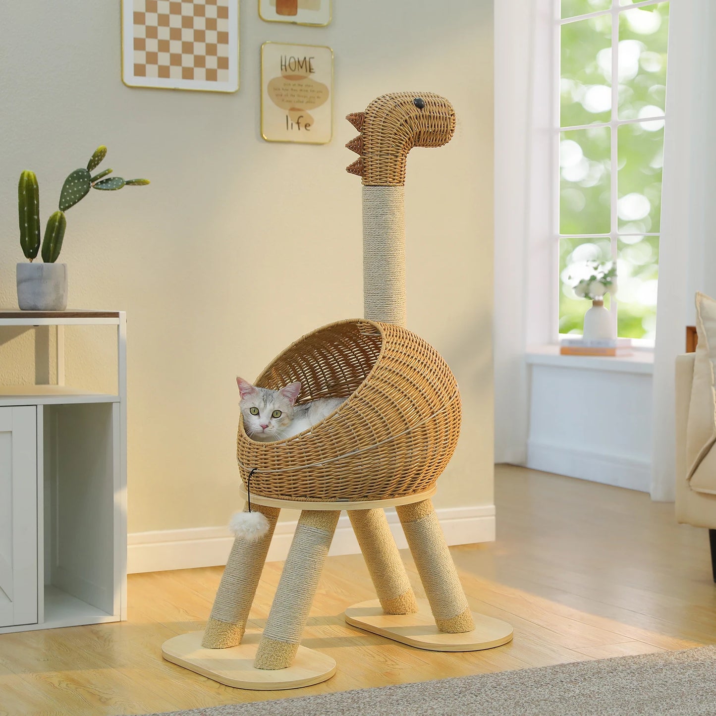 Dinosaur Cat Tree with Sisal Post & Rattan Condo Bed - front view