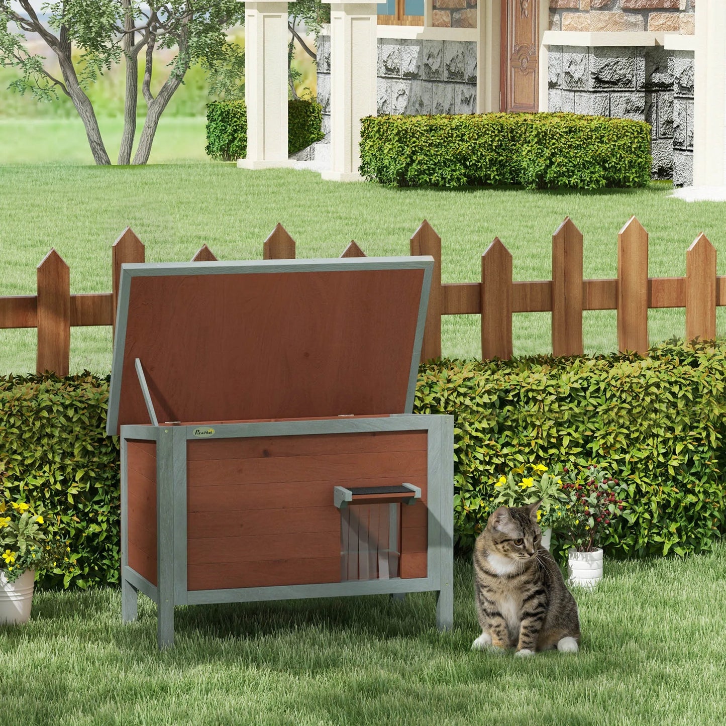 Outdoor Cat House, Wooden Feral Cat House w/ Removable Floor, Brown