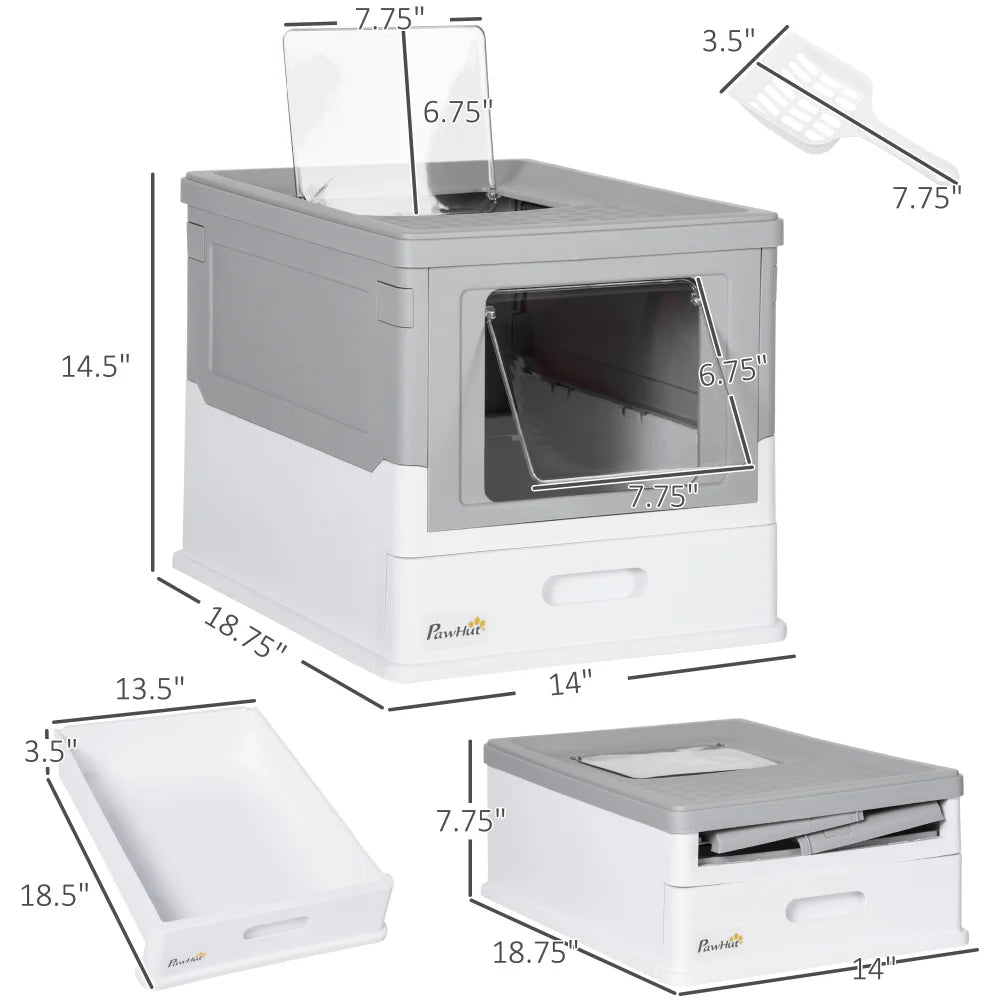 PawHut Fully Enclosed Cat Litter Box with Scoop, Hooded House with Drawer Tray, Foldable Smell - Proof Potty, Front Entry & Top Exit, Portable Large - Space Pet Toilet, Gray