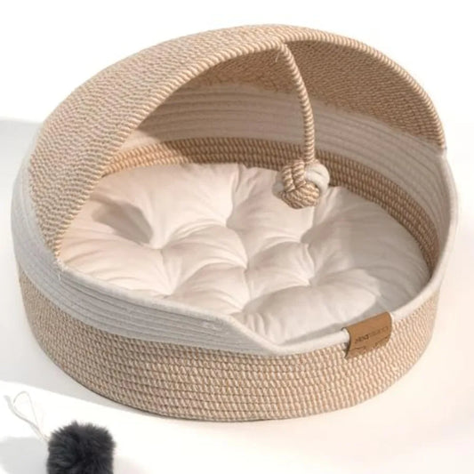 Cat Basket Bed with Washable Cushion and Ball Rope Cotton, Covered Pet Bed for Indoor Cats Cave Bed Hooded, Stimulicat Cat Bed