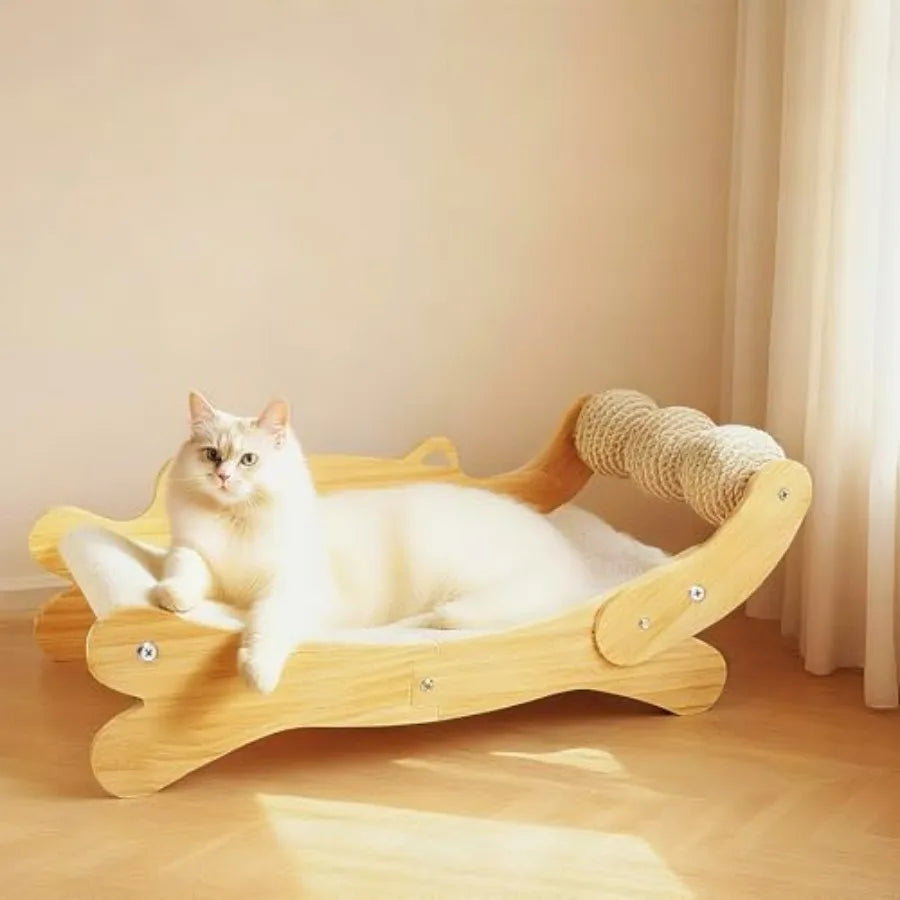 Cat Scratcher Bed, Heavy Duty Sisal Cat Scratching Post with Hammock for Indoor Cats, Natural Wood Cat Lounge for Sleeping and