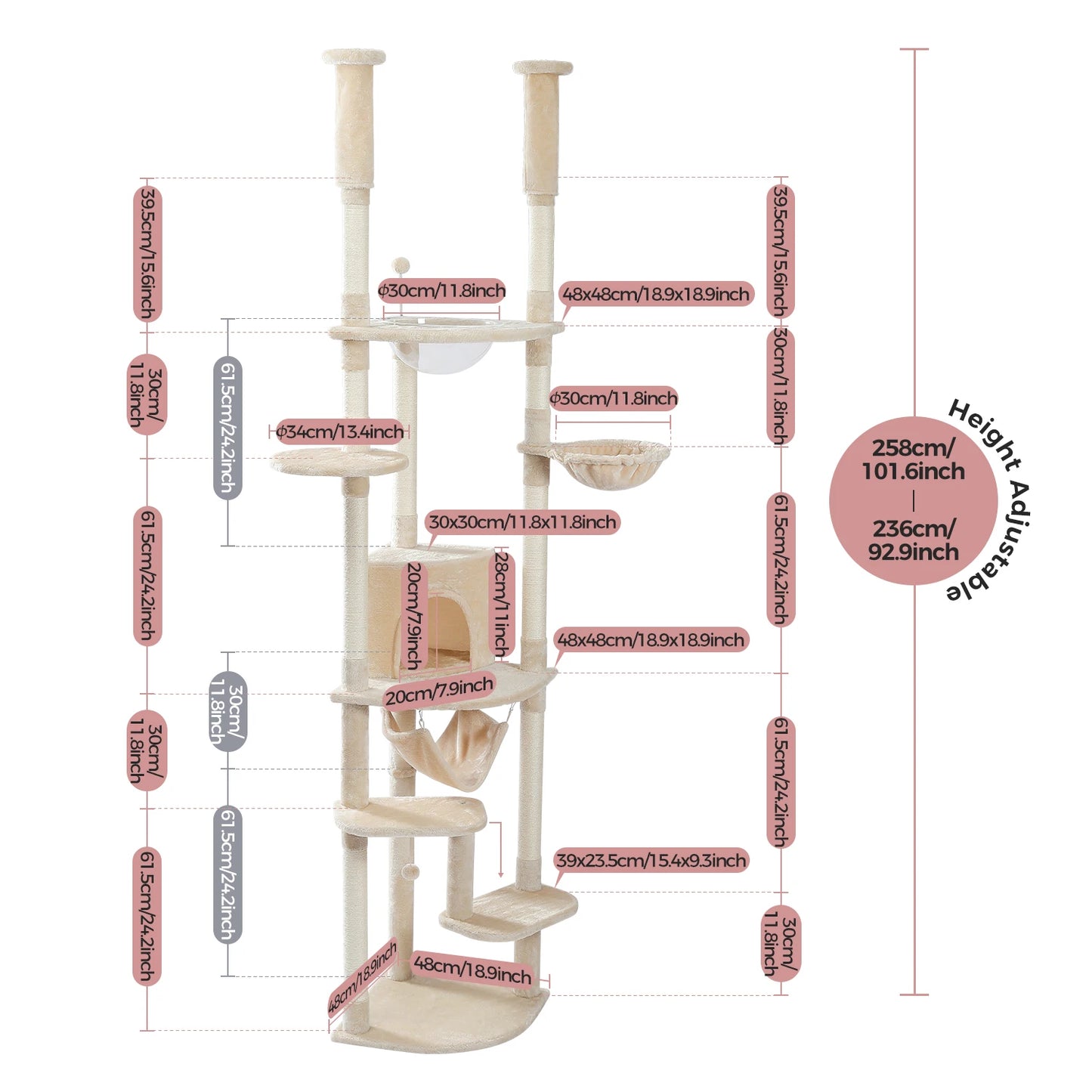 Tall Floor-to-Ceiling Cat Tree with Scratching Posts & Hammock