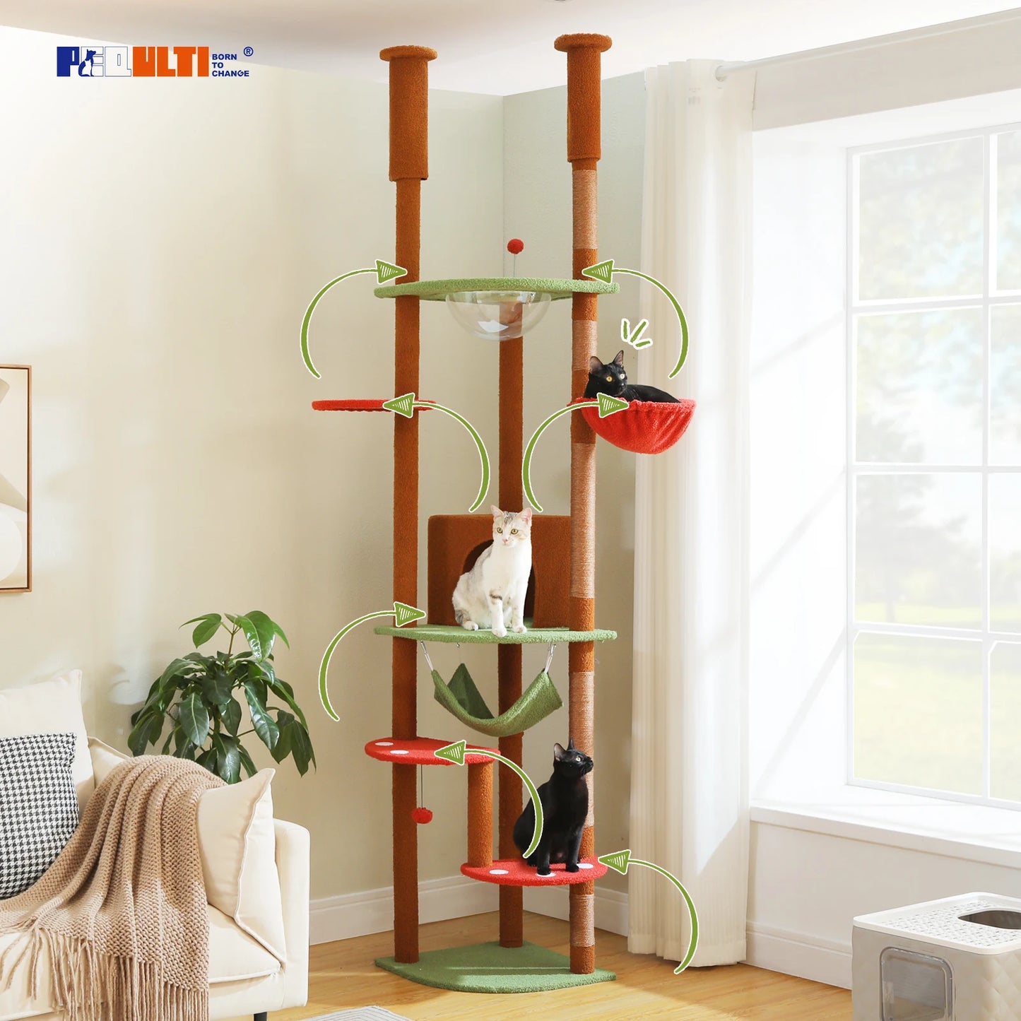 Tall Floor-to-Ceiling Cat Tree with Scratching Posts & Hammock - front view