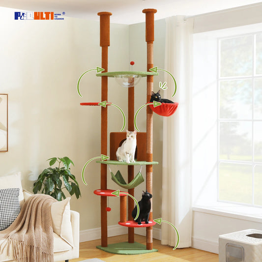 Tall Floor-to-Ceiling Cat Tree with Scratching Posts & Hammock - front view