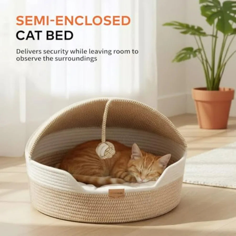 Cat Basket Bed with Washable Cushion and Ball Rope Cotton, Covered Pet Bed for Indoor Cats Cave Bed Hooded, Stimulicat Cat Bed
