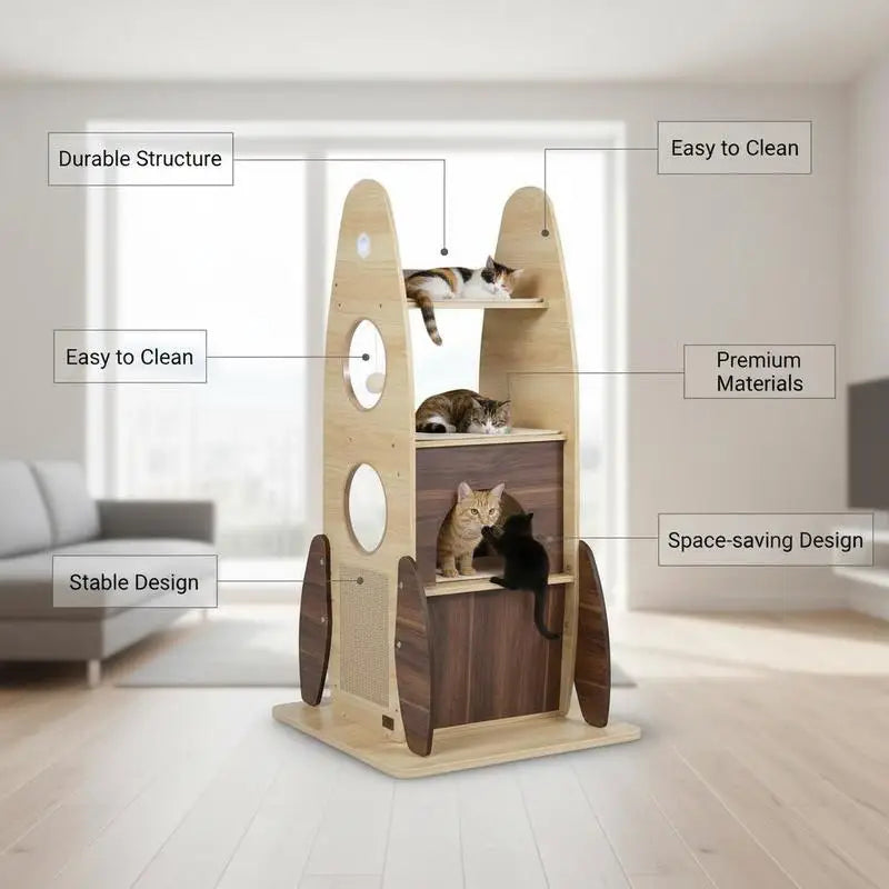 Rocket Cat Tree 47 Inch Large Wooden Cat Tower for Indoor Cats-Natural
