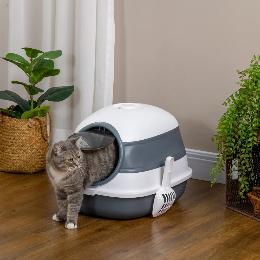 PawHut Cat Litter Box with Lid, High Sides, Air Freshener, Large Two-Way Entrance, Foldable, Easy Clean, White & Gray