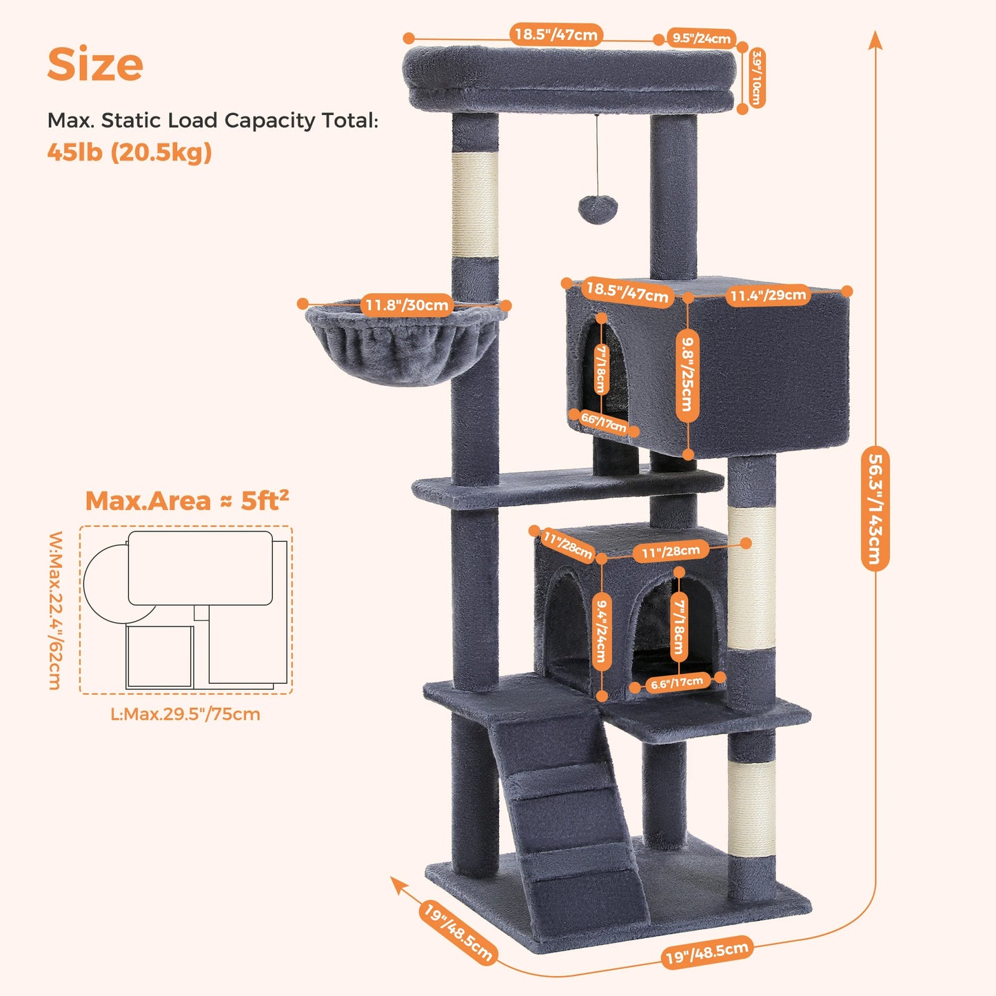 Cat Tree Tower with Condo, Plush Perch, Hammock & Sisal Posts