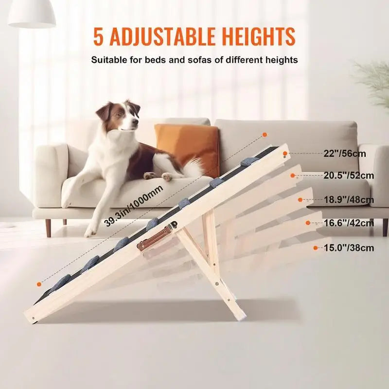 Dog Ramp, Folding Pet Ramp for Bed, Adjustable Dog Ramp for Small, Large, Old Dogs & Cats, Wooden Pet Ramp with 39.3" Long Ramp, Adjustable from 15" to 22", Suitable for Couch, Sofa, Car
