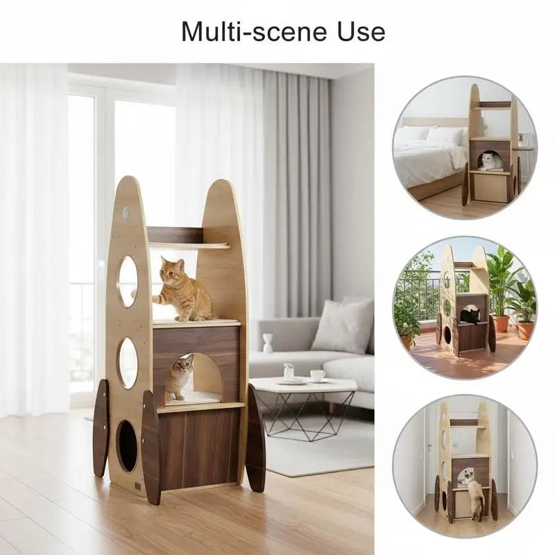 Rocket Cat Tree 47 Inch Large Wooden Cat Tower for Indoor Cats-Natural