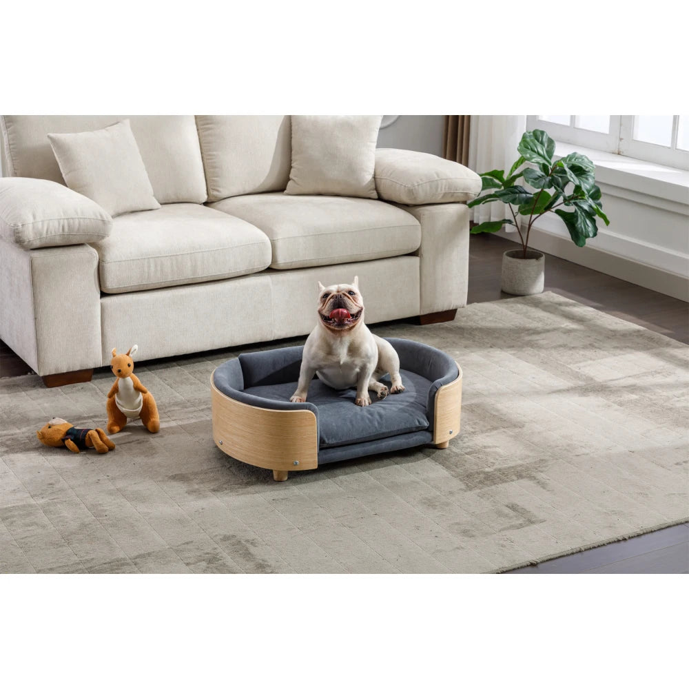 Scandinavian Style Elevated Dog Bed Pet Sofa with Solid Wood Legs, Bent Wood Back, Velvet Cushion, Mid-Size, Dark Grey